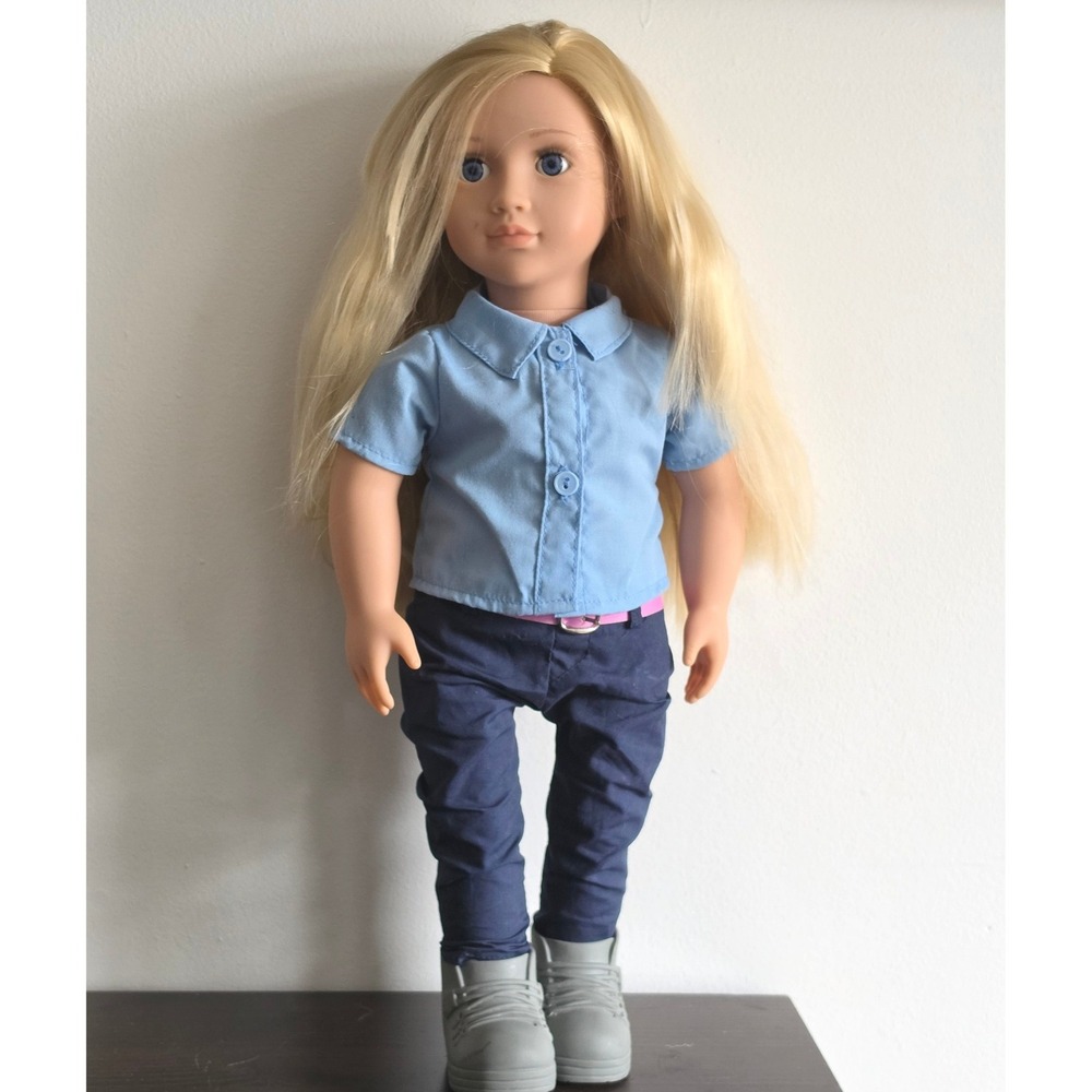 Our Generation 18 Inch Doll Blonde Hair Blue Sleep Eyes Blue Shirt Navy Pants